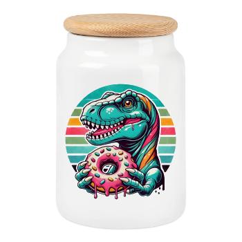 Dino-Donut-Motiv: Ein Abenteuer für Naschkatzen - Keksdose mit Holzdeckel - Weiß - Vorne