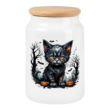 Halloween night with kittens and pumpkins. - Cookie Jar with Wooden Lid - white - Front