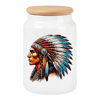 American Indian American - Cookie Jar with Wooden Lid - white - Front