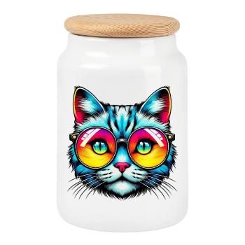 Chat avec des lunettes de soleil - Boîte à biscuits avec couvercle en bois - blanc - Devant