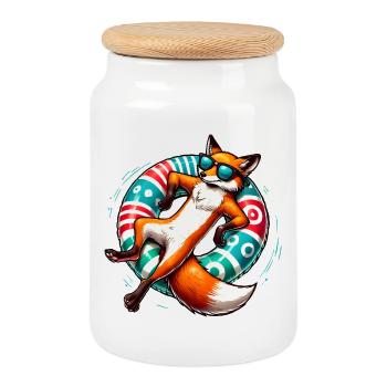 A relaxed fox on a swimming ring - Cookie Jar with Wooden Lid - white - Front