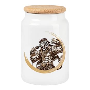 Ein muskulöser Tiger als Rapper, Energie und Style - Keksdose mit Holzdeckel - Weiß - Vorne