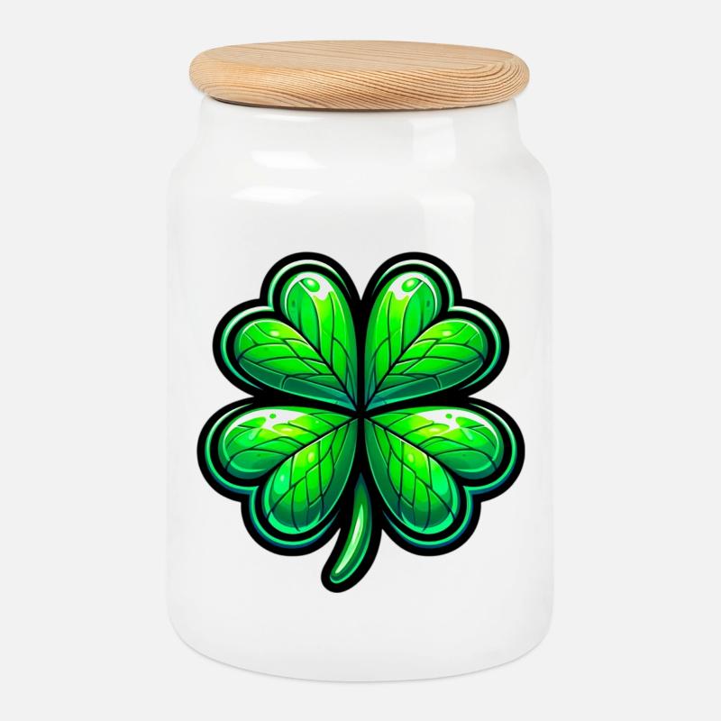 Four-leaf clover - Cookie Jar with Wooden Lid - white