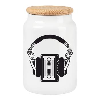 Retro headphones with boho cassettes - Cookie Jar with Wooden Lid - white - Front