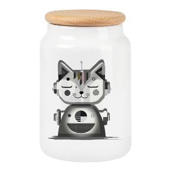 Geometric Robot Cat – Creative Illustration - Cookie Jar with Wooden Lid - white - Front