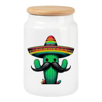 Cactus - Cookie Jar with Wooden Lid - white - Front