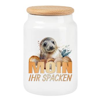 Moin ihr Spacken - Keksdose mit Holzdeckel - Weiß - Vorne