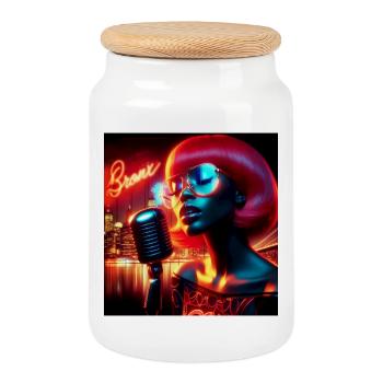 Portrait moderne avec néon et ambiance nocturne - Boîte à biscuits avec couvercle en bois - blanc - Devant