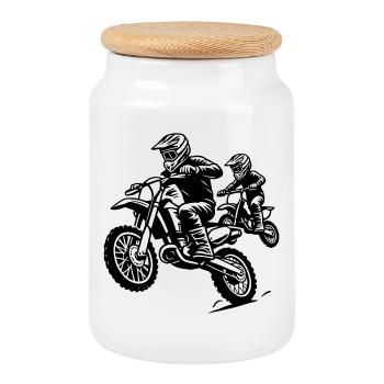 Motocross Family Ride - Father and Child Together - Cookie Jar with Wooden Lid - white - Front
