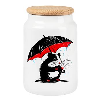 Hamster avec parapluie – mauvais temps - Boîte à biscuits avec couvercle en bois - blanc - Devant