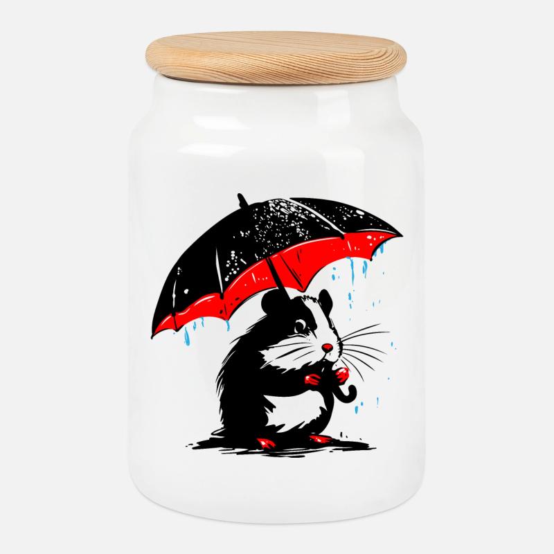 Hamster mit Regenschirm – Schmuddelwetter - Keksdose mit Holzdeckel - Weiß