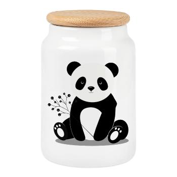 Panda bear holding a tender branch with berries - Cookie Jar with Wooden Lid - white - Front