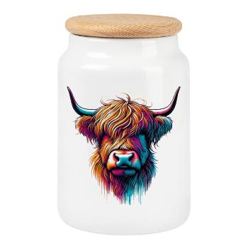 Scottish Highland Cow - Cookie Jar with Wooden Lid - white - Front