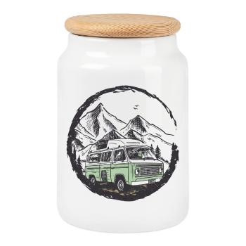 Camping-car rétro dans le cercle de la montagne - Boîte à biscuits avec couvercle en bois - blanc - Devant