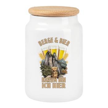 Berge & Bier, darum bin ich hier - Keksdose mit Holzdeckel - Weiß - Vorne