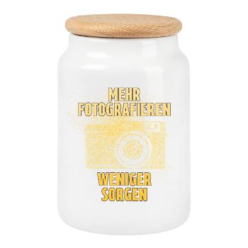 Mehr fotografieren - Weniger Sorgen - Keksdose mit Holzdeckel - Weiß - Vorne