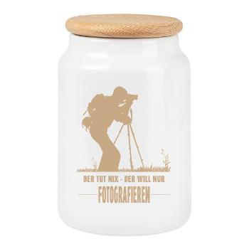 Der tut nix, der will nur fotografieren - Keksdose mit Holzdeckel - Weiß - Vorne