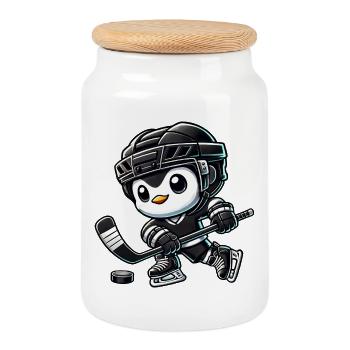 Chibi Penguin Hockey sur glace Joueur de hockey mignon - Boîte à biscuits avec couvercle en bois - blanc - Devant