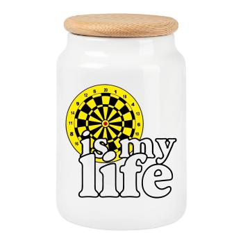 Fléchettes, fléchettes, fléchettes, chemise, fléchettes, c’est ma vie - Boîte à biscuits avec couvercle en bois - blanc - Devant