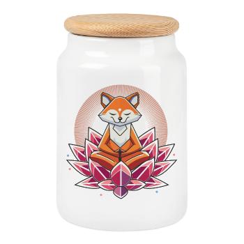 Peacefully meditating fox on a lotus flower - Cookie Jar with Wooden Lid - white - Front