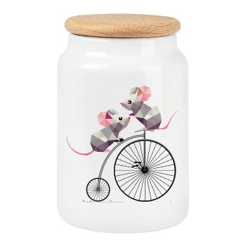 cute polygon mice on a nostalgic penny farthing - Cookie Jar with Wooden Lid - white - Front