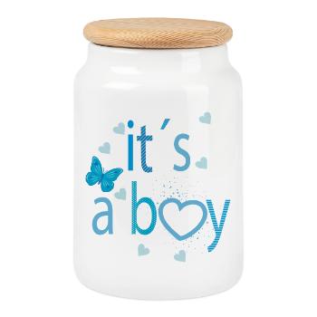 It’s a Boy – Fröhliche Typografie mit Herz - Keksdose mit Holzdeckel - Weiß - Vorne