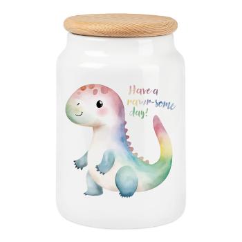 Mignon dinosaure arc-en-ciel - Passez une journée rawr-some ! - Boîte à biscuits avec couvercle en bois - blanc - Devant