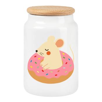 Süße Maus im Donut – Verspieltes Tiermotiv - Keksdose mit Holzdeckel - Weiß - Vorne