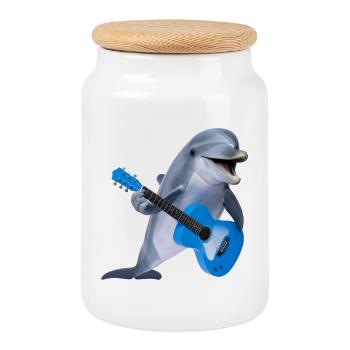 Dolphin with guitar – sea groove meets rock - Cookie Jar with Wooden Lid - white - Front