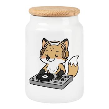 Ein Fuchs als DJ mit Kopfhörern am Mischpult - Keksdose mit Holzdeckel - Weiß - Vorne
