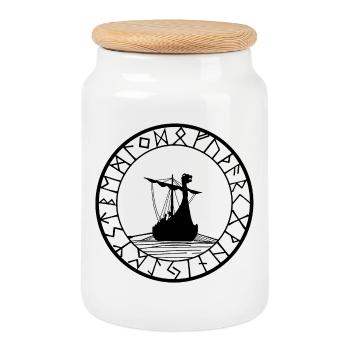 Black Viking longship and compass - Cookie Jar with Wooden Lid - white - Front