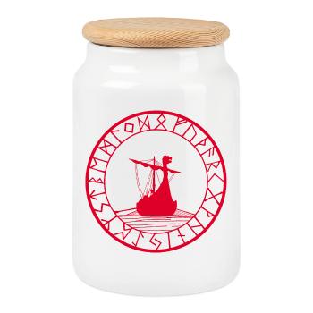 Rotes Wikinger-Langschiff und Kompass - Keksdose mit Holzdeckel - Weiß - Vorne