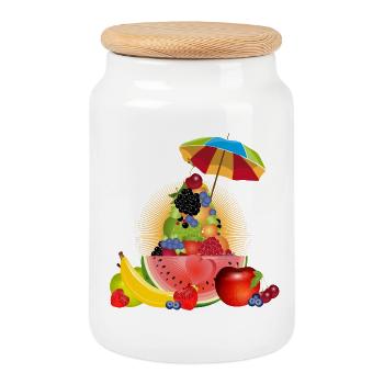 Colorful fruit pyramid with watermelon and umbrella - Cookie Jar with Wooden Lid - white - Front