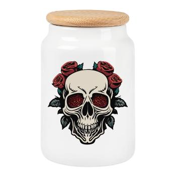 Crâne élégant avec des roses et du bleu marine - Boîte à biscuits avec couvercle en bois - blanc - Devant