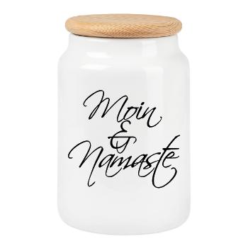 Moin & Namaste, noir - Boîte à biscuits avec couvercle en bois - blanc - Devant