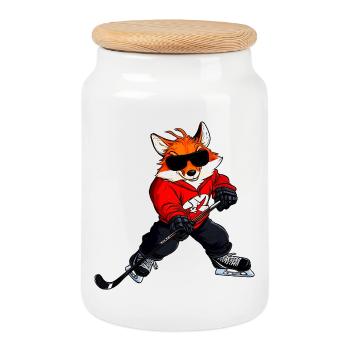 Renard de hockey sur glace - Boîte à biscuits avec couvercle en bois - blanc - Devant