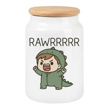 Mignon Dino T-Rex costumé Rugissant Dessin animé Petit - Boîte à biscuits avec couvercle en bois - blanc - Devant