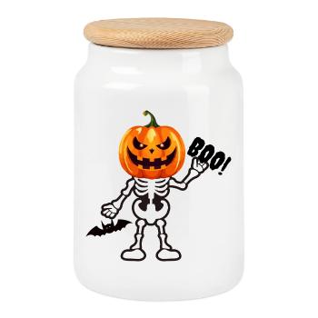 BUHRUF! Kürbis Skelett – Lustiger Halloween Spuk - Keksdose mit Holzdeckel - Weiß - Vorne