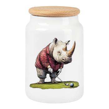 Nashörner Golfer / Golf Nashorn - Keksdose mit Holzdeckel - Weiß - Vorne