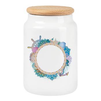 Maritime Rope Frame – with Corals & Shells - Cookie Jar with Wooden Lid - white - Front