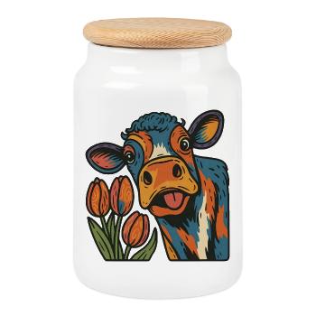 Artistic Dutch Cow and Tulips  - Cookie Jar with Wooden Lid - white - Front