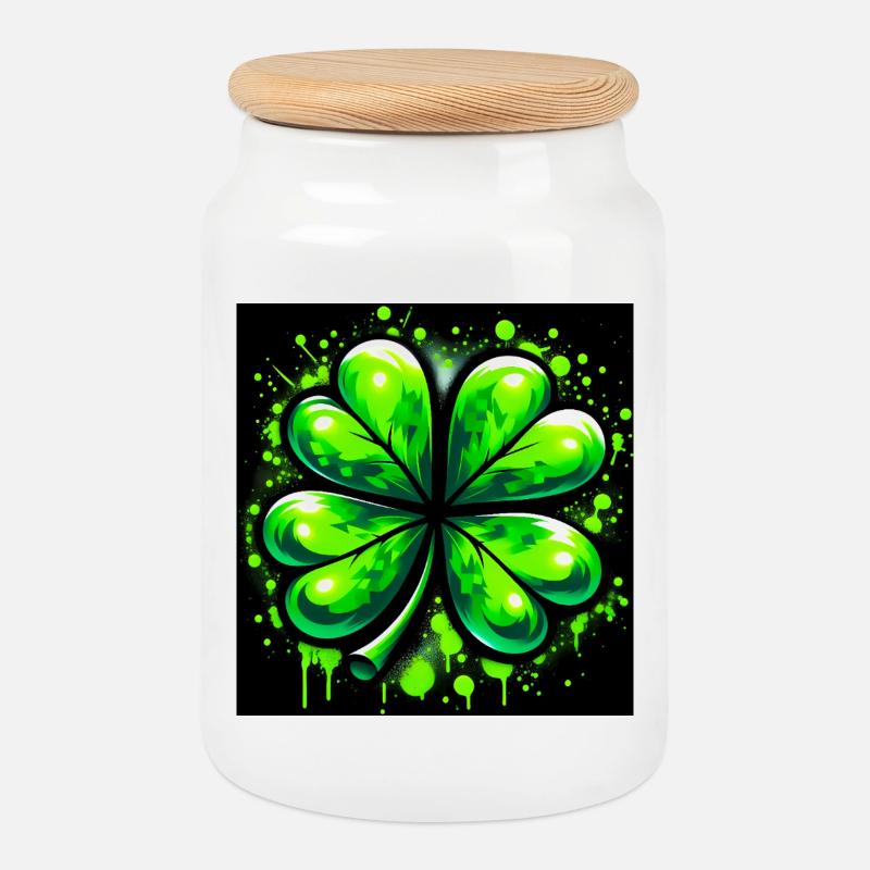 Four-leaf clover - Cookie Jar with Wooden Lid - white