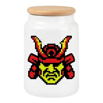 Pixel Samurai 8bit - Keksdose mit Holzdeckel - Weiß - Vorne