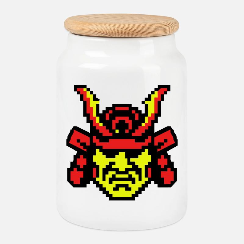 Pixel Samurai 8bit - Keksdose mit Holzdeckel - Weiß