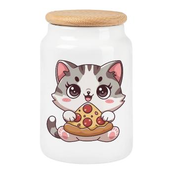 Chat mignon mangeant une pizza - Boîte à biscuits avec couvercle en bois - blanc - Devant