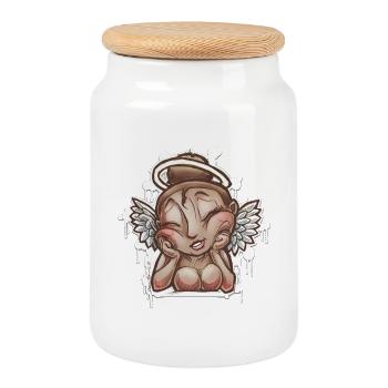 Dreaming Angel Drawing - Cookie Jar with Wooden Lid - white - Front