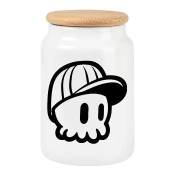 Crâne de dessin animé avec impression de casquette - Boîte à biscuits avec couvercle en bois - blanc - Devant