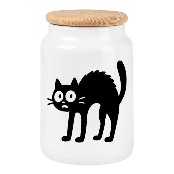Chat noir - Conception de dessin animé amusant - Boîte à biscuits avec couvercle en bois - blanc - Devant