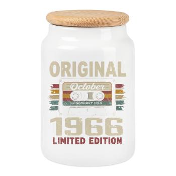 Born in October 1966 | Vintage October 1966 Gift - Cookie Jar with Wooden Lid - white - Front