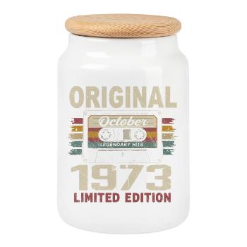 Né en Octobre 1973 | Cadeau Vintage Octobre 1973 - Boîte à biscuits avec couvercle en bois - blanc - Devant